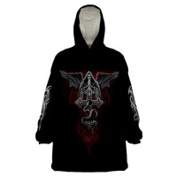 Black hooded wearable blanket hoodie with front winged skull and cross-snake graphic