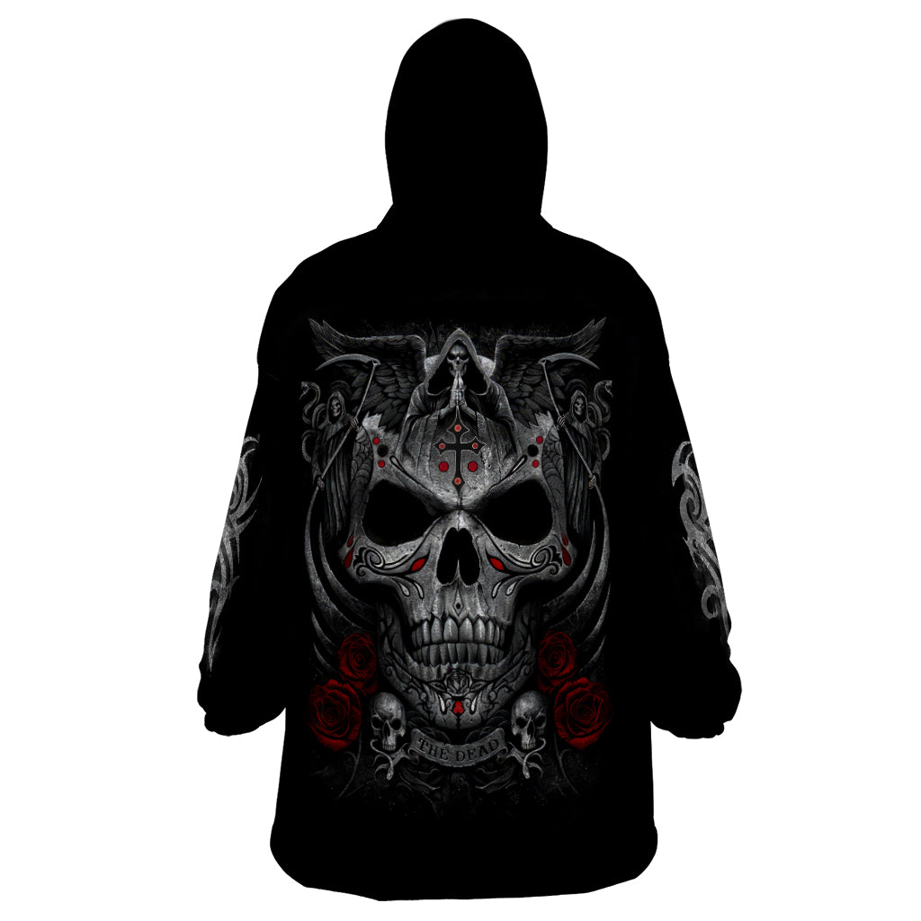 Black hooded wearable blanket hoodie, back shows large skull graphic with red accents
