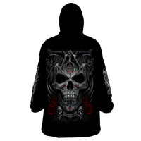 Black hooded wearable blanket hoodie, back shows large skull graphic with red accents