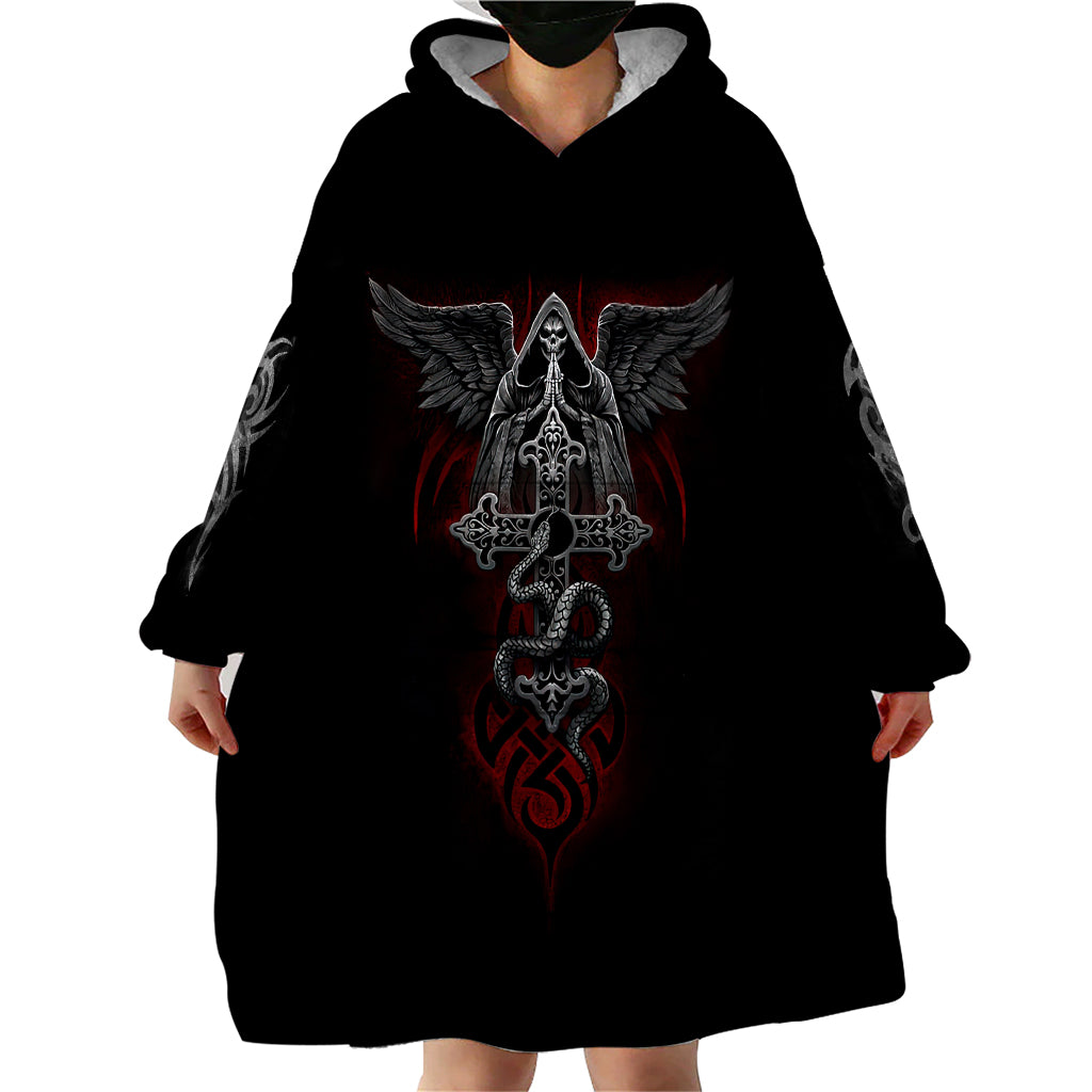 Black hooded wearable blanket hoodie, front winged skull print with long sleeves pocket