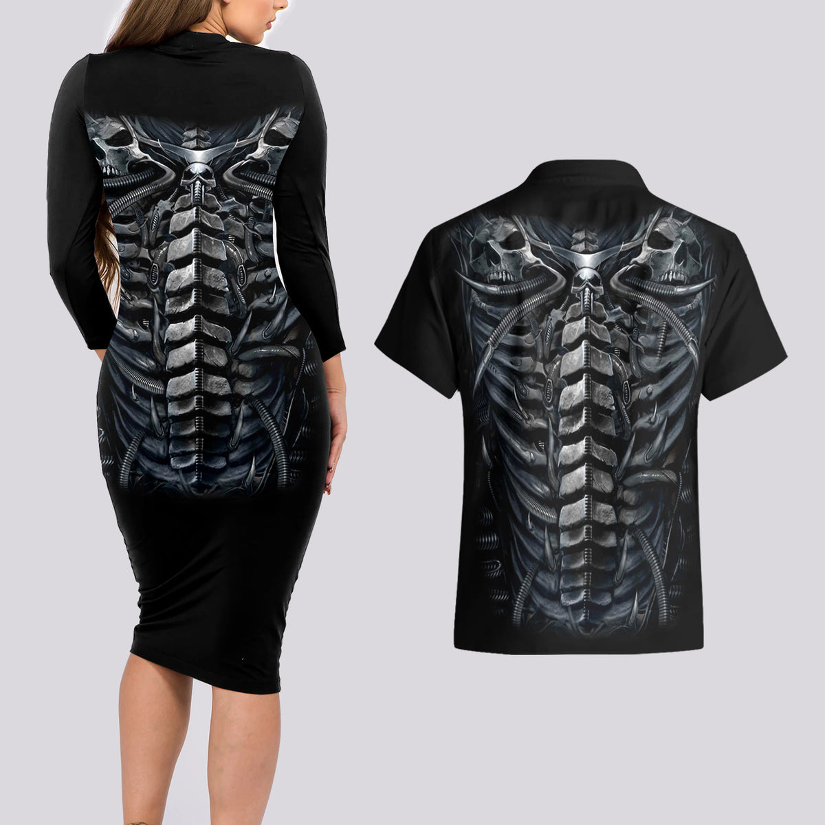 Skull Couples Matching Long Sleeve Bodycon Dress and Hawaiian Shirt Skeleton Inside - Wonder Print Shop