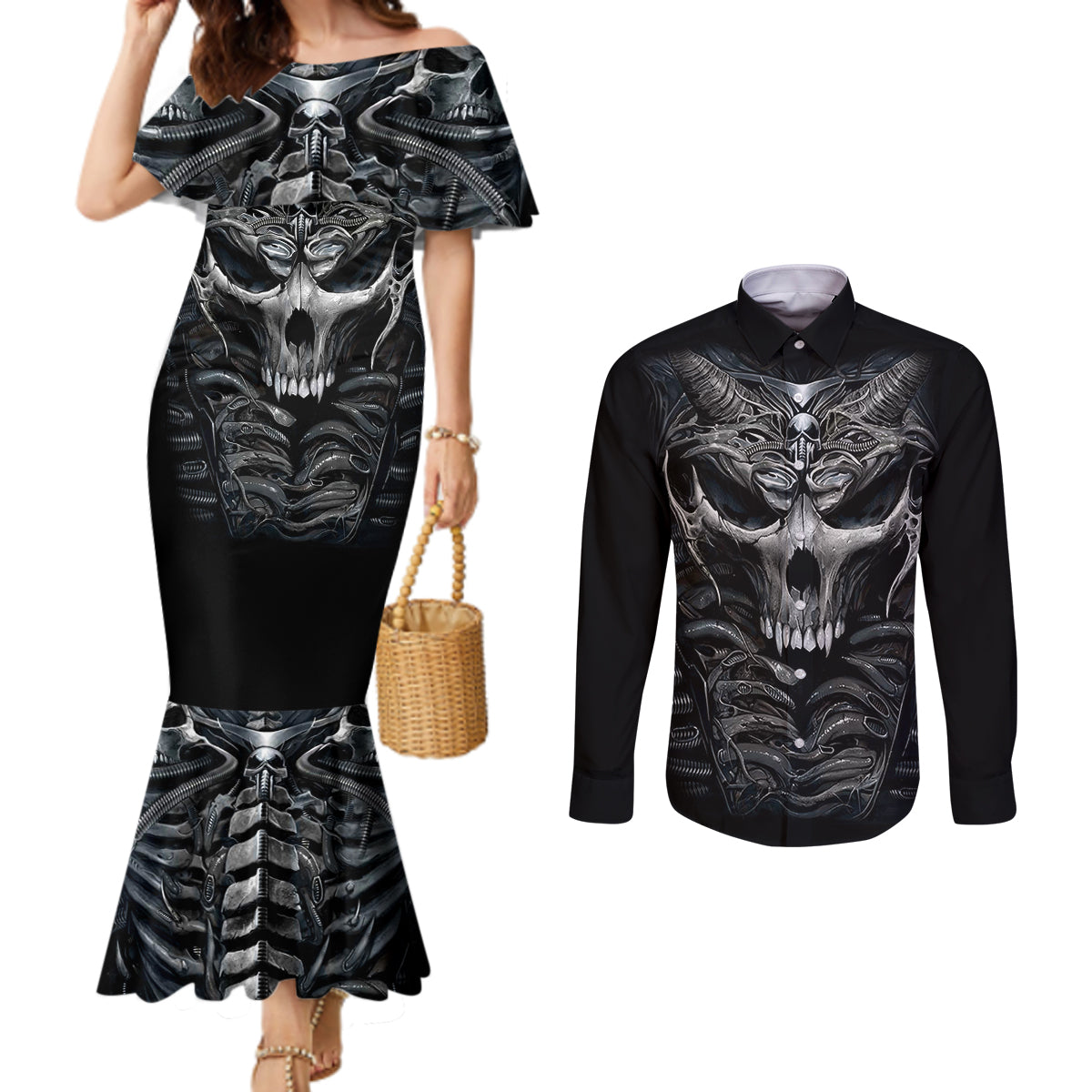 Skull Couples Matching Mermaid Dress and Long Sleeve Button Shirts Skeleton Inside DT01