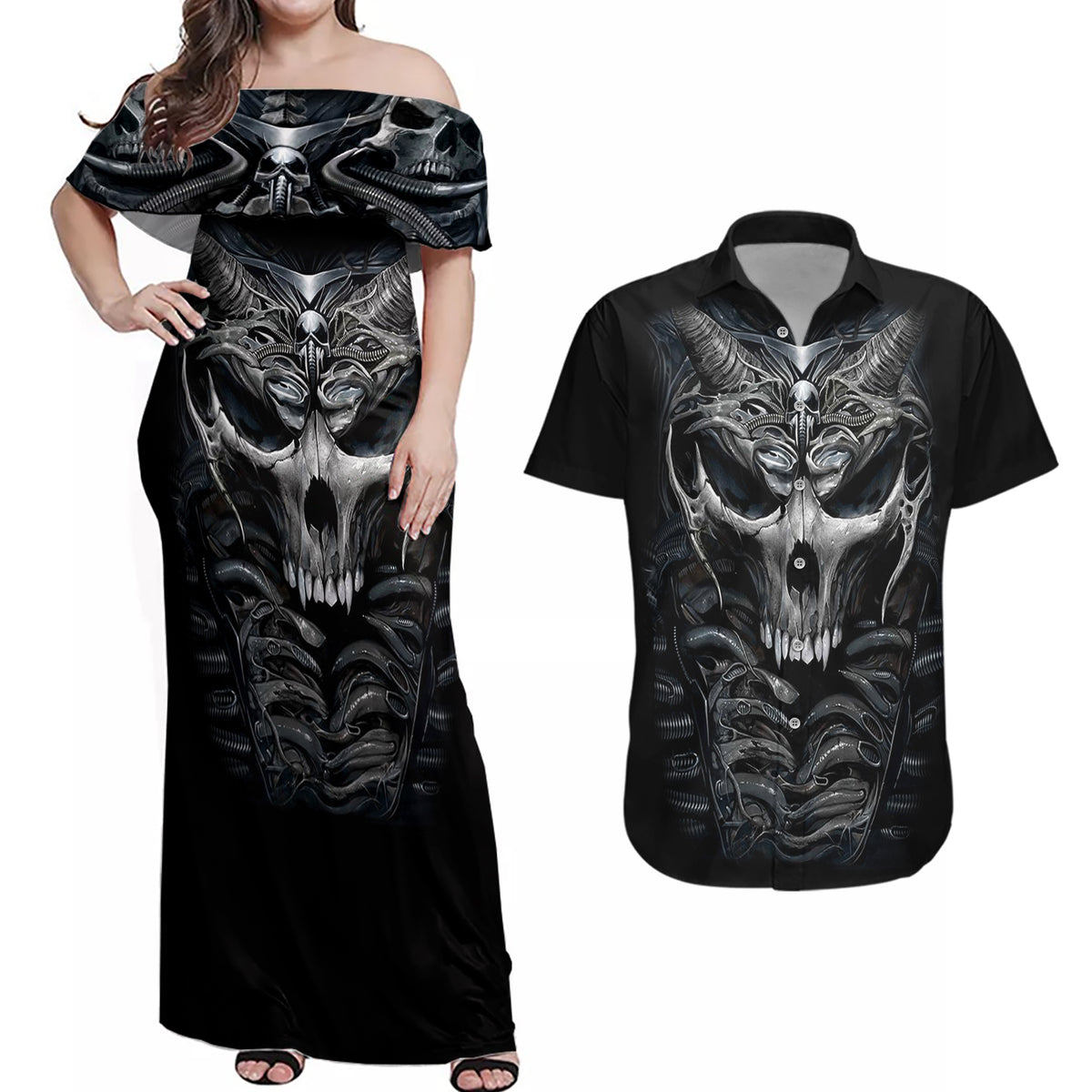 Skull Couples Matching Off Shoulder Maxi Dress and Hawaiian Shirt Skeleton Inside - Wonder Print Shop