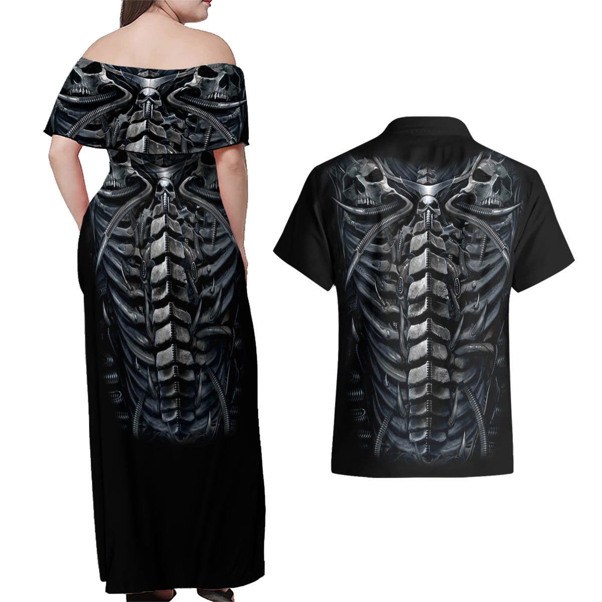 Skull Couples Matching Off Shoulder Maxi Dress and Hawaiian Shirt Skeleton Inside - Wonder Print Shop