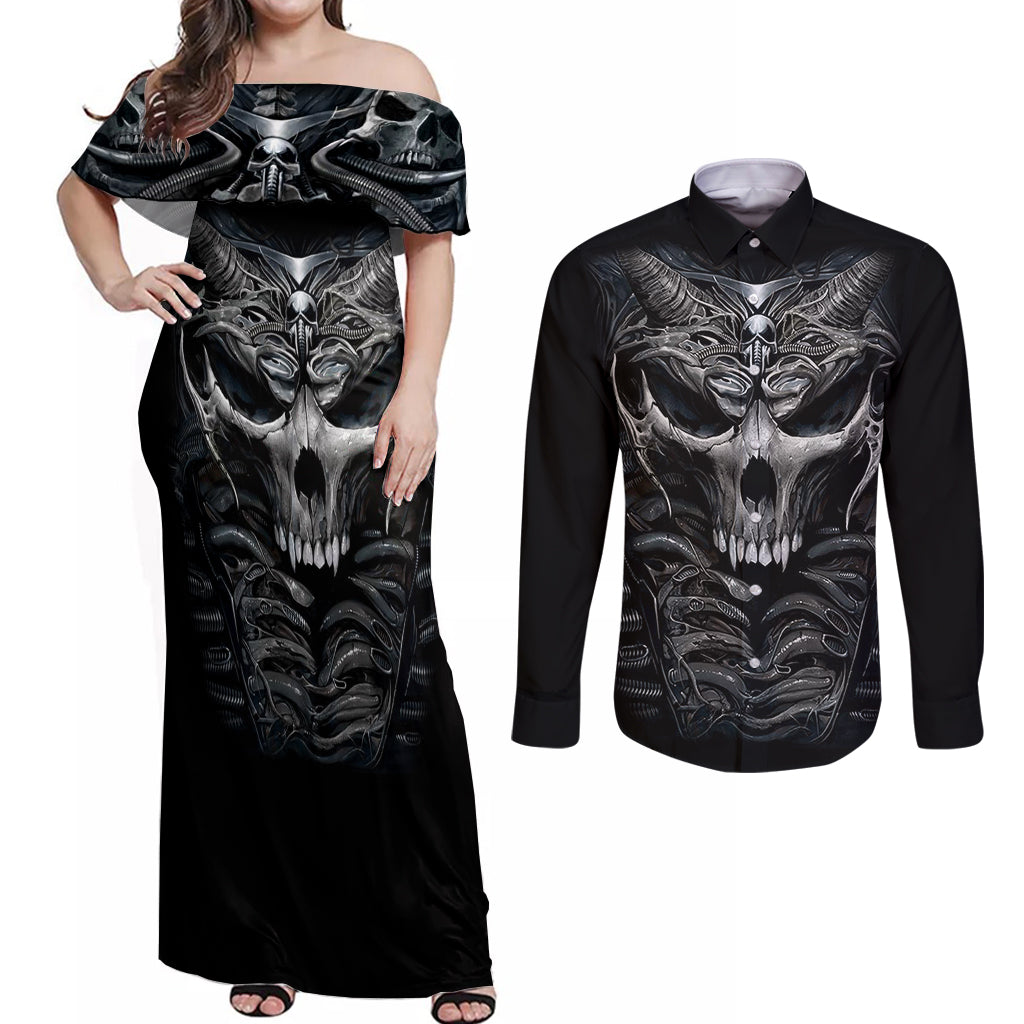 Skull Couples Matching Off Shoulder Maxi Dress and Long Sleeve Button Shirts Skeleton Inside - Wonder Print Shop