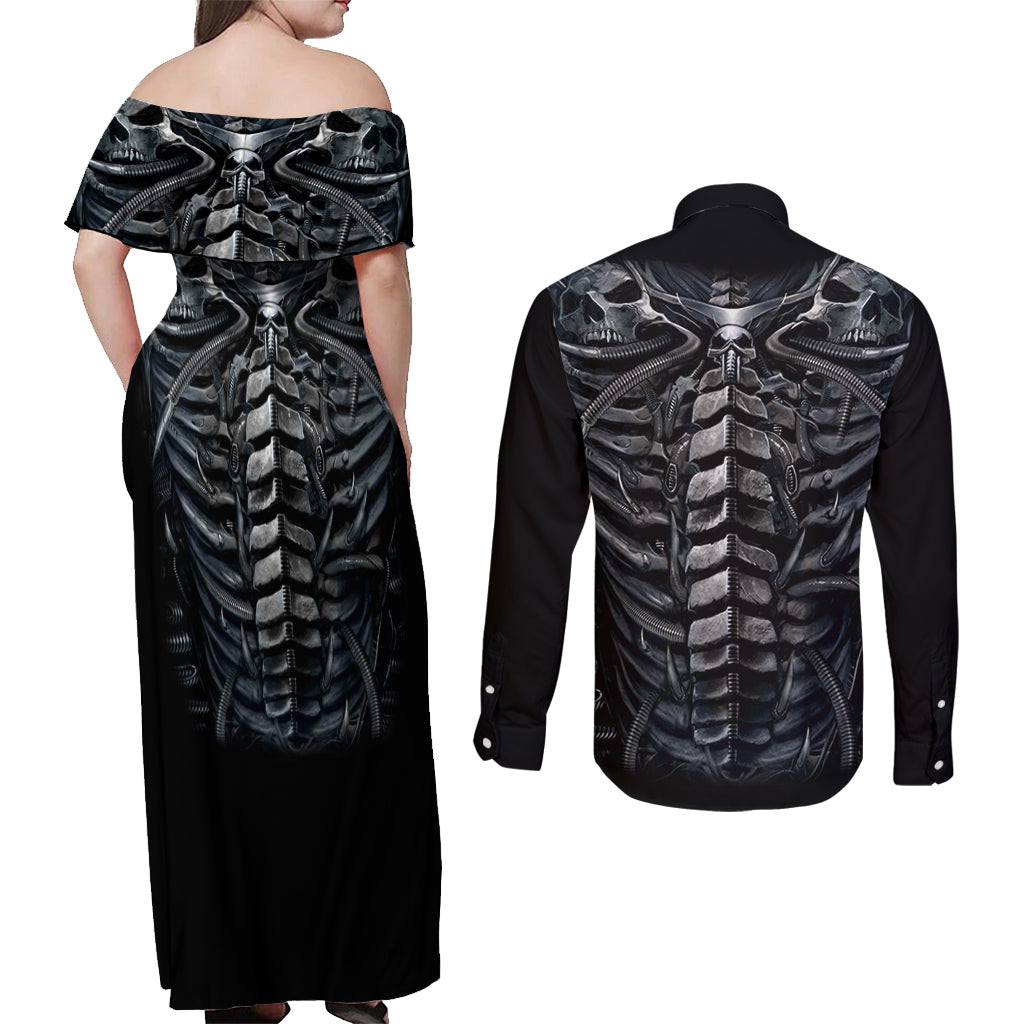 Skull Couples Matching Off Shoulder Maxi Dress and Long Sleeve Button Shirts Skeleton Inside - Wonder Print Shop