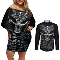 Skull Couples Matching Off Shoulder Short Dress and Long Sleeve Button Shirts Skeleton Inside - Wonder Print Shop