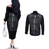 Skull Couples Matching Off The Shoulder Long Sleeve Dress and Long Sleeve Button Shirts Skeleton Inside DT01