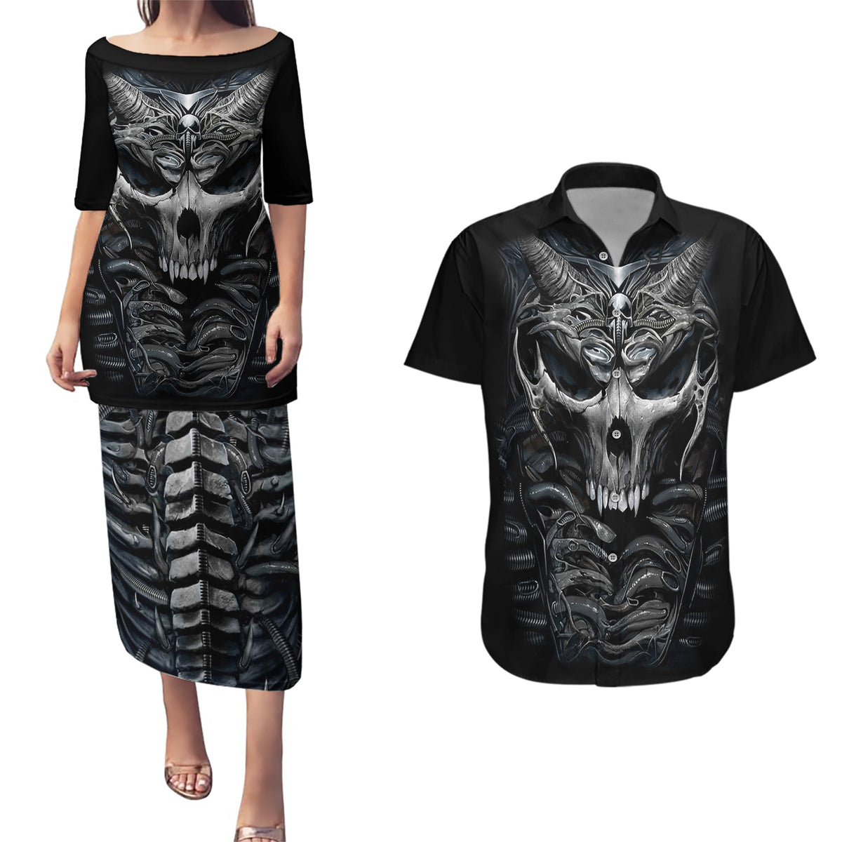Skull Couples Matching Puletasi Dress and Hawaiian Shirt Skeleton Inside - Wonder Print Shop