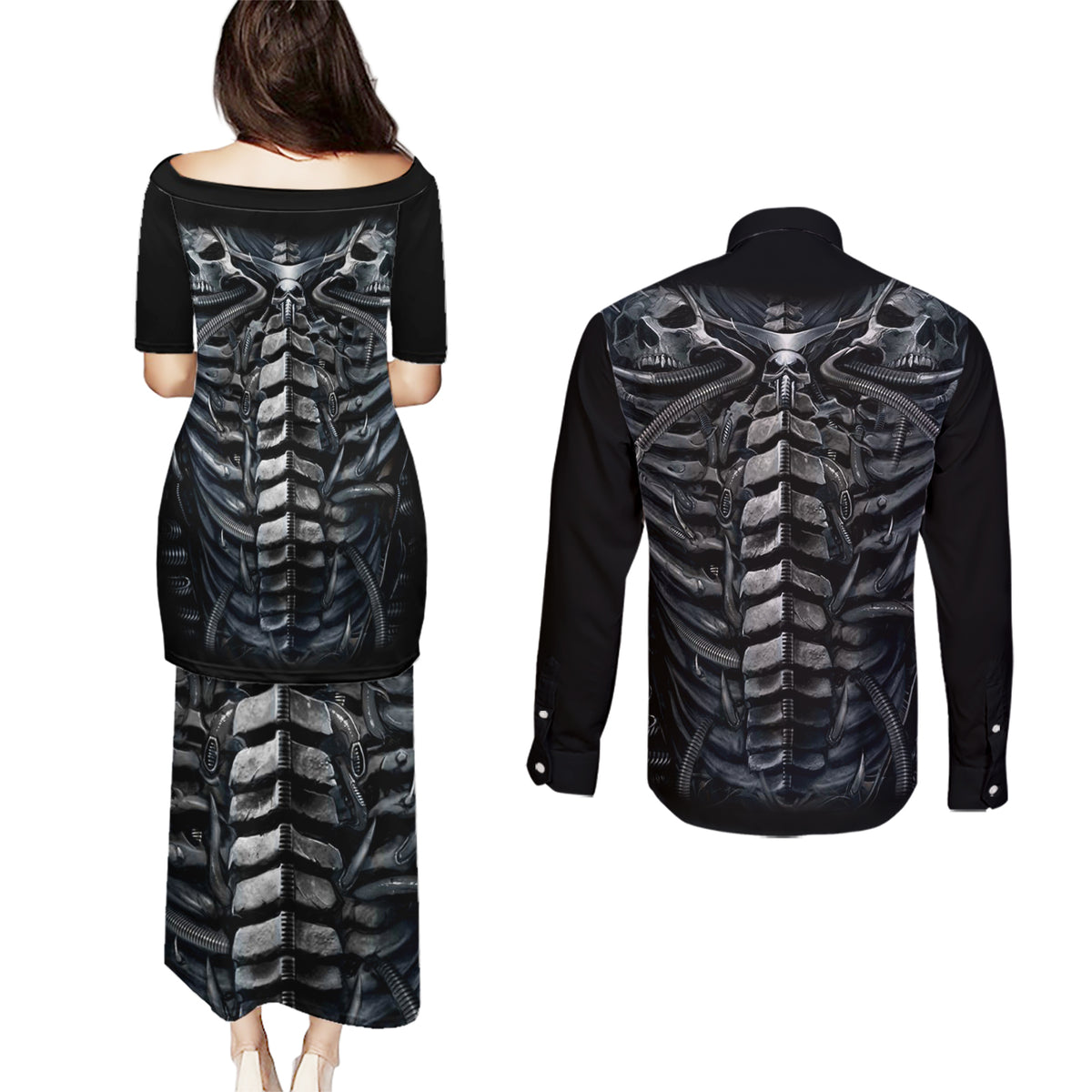 Skull Couples Matching Puletasi Dress and Long Sleeve Button Shirts Skeleton Inside - Wonder Print Shop