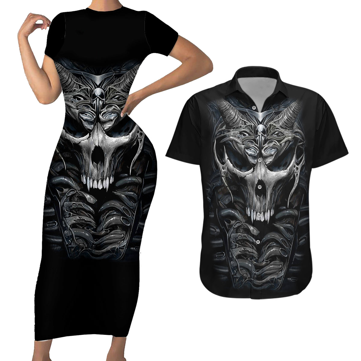 Skull Couples Matching Short Sleeve Bodycon Dress and Hawaiian Shirt Skeleton Inside - Wonder Print Shop