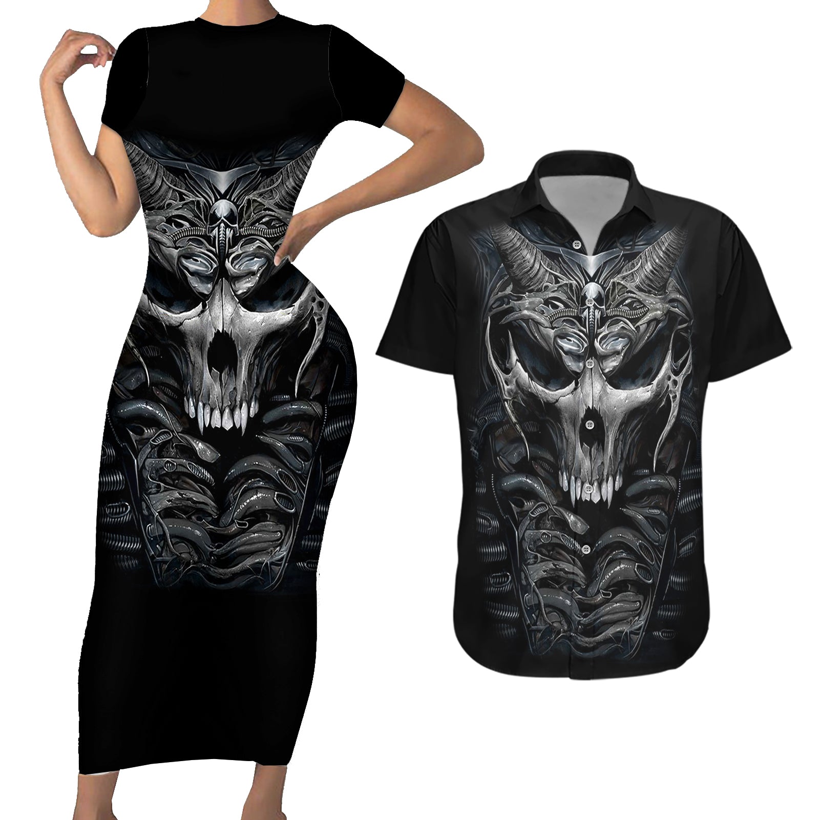 Skull Couples Matching Short Sleeve Bodycon Dress and Hawaiian Shirt Skeleton Inside - Wonder Print Shop