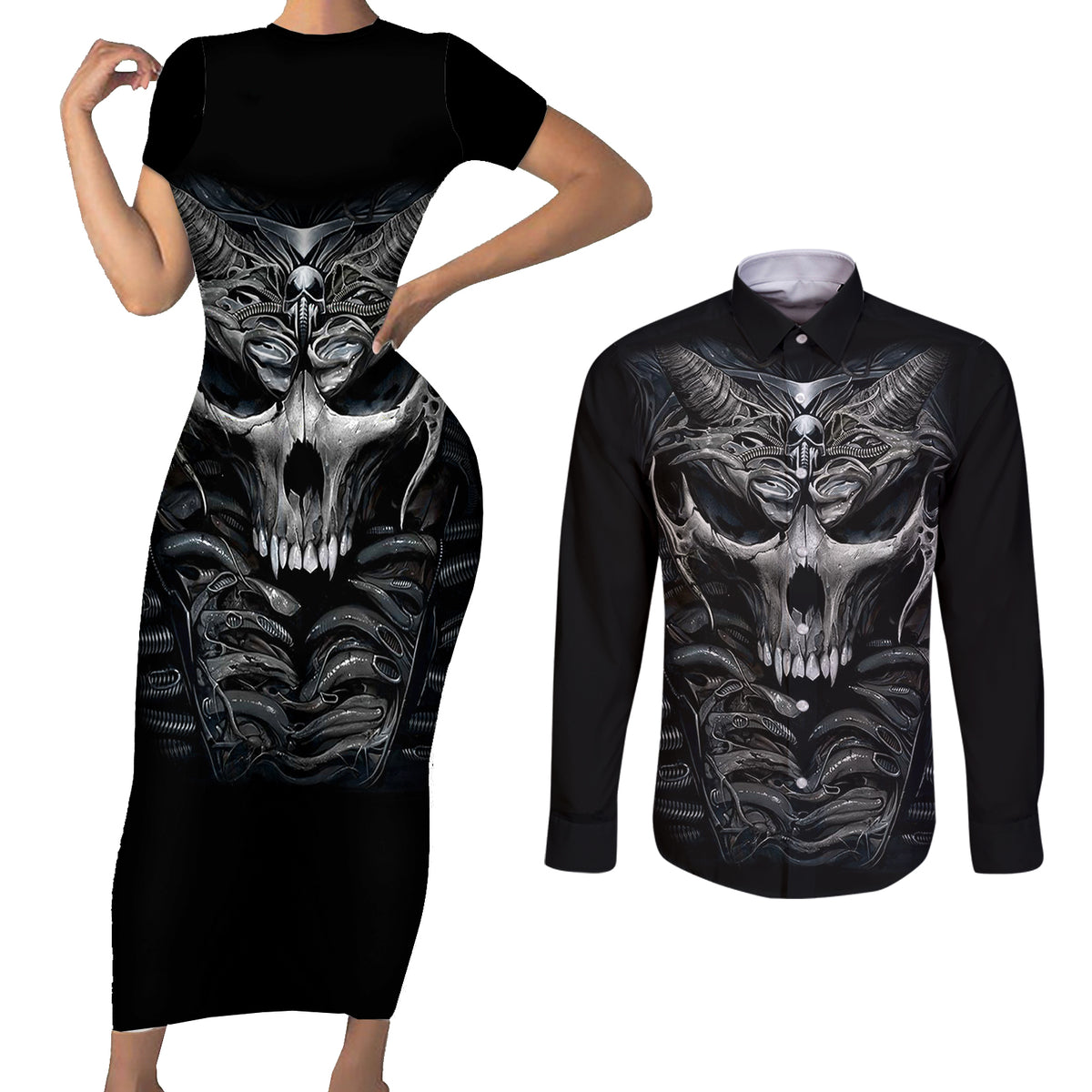 Skull Couples Matching Short Sleeve Bodycon Dress and Long Sleeve Button Shirts Skeleton Inside - Wonder Print Shop