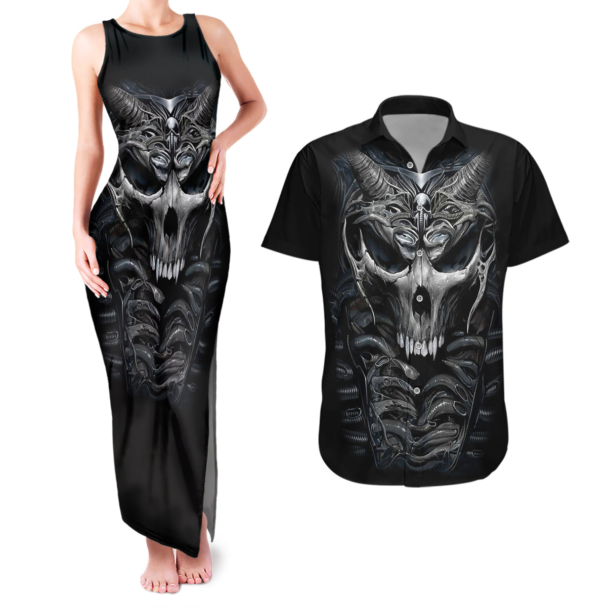 Skull Couples Matching Tank Maxi Dress And Hawaiian Shirt Skeleton Inside - Wonder Print Shop