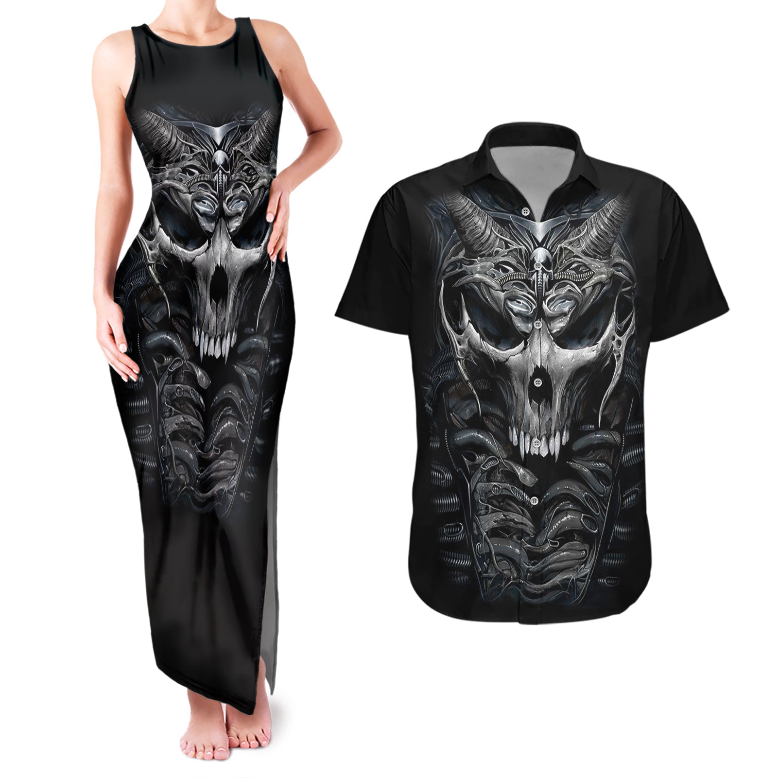 Skull Couples Matching Tank Maxi Dress And Hawaiian Shirt Skeleton Inside - Wonder Print Shop
