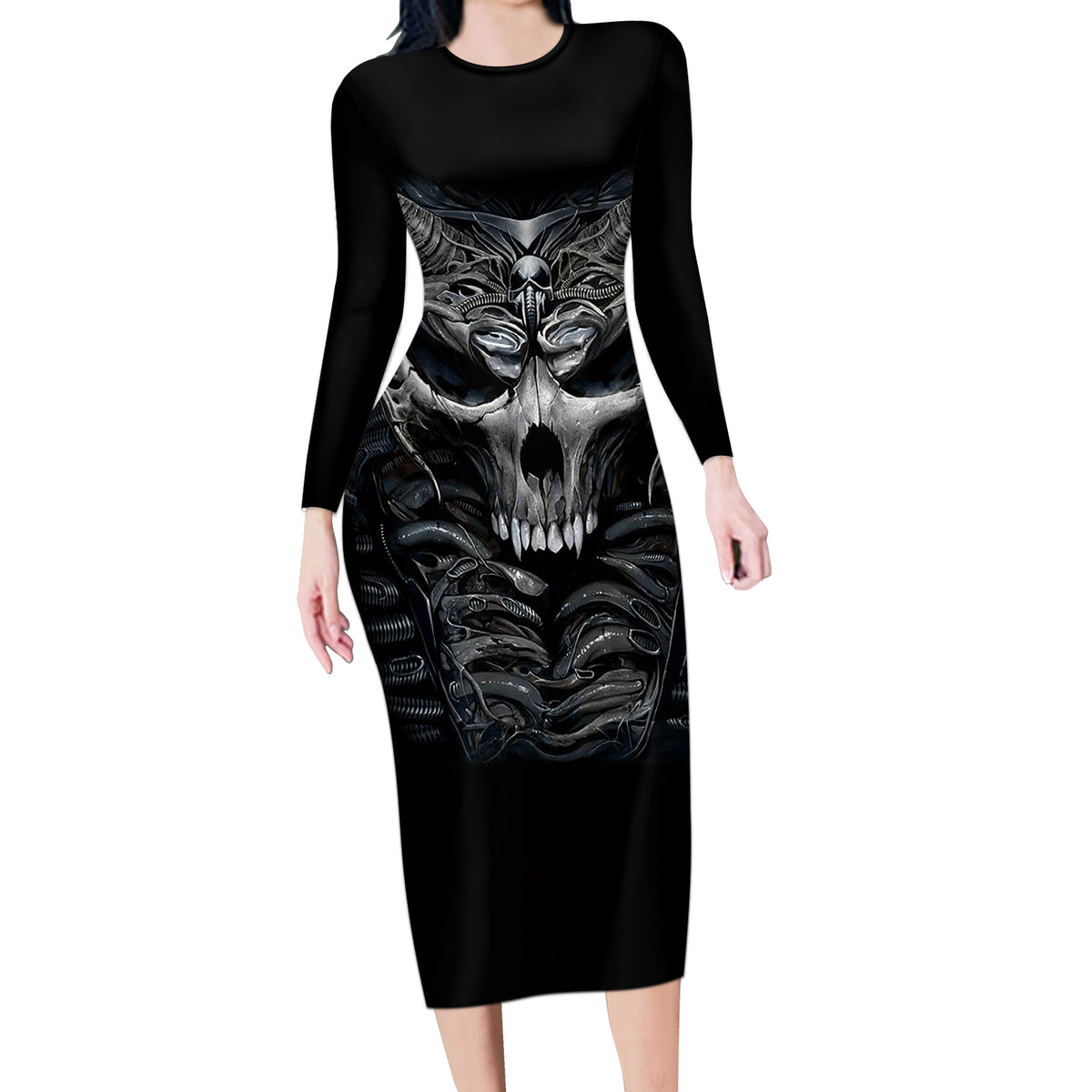 Skull Long Sleeve Bodycon Dress Skeleton Inside - Wonder Print Shop
