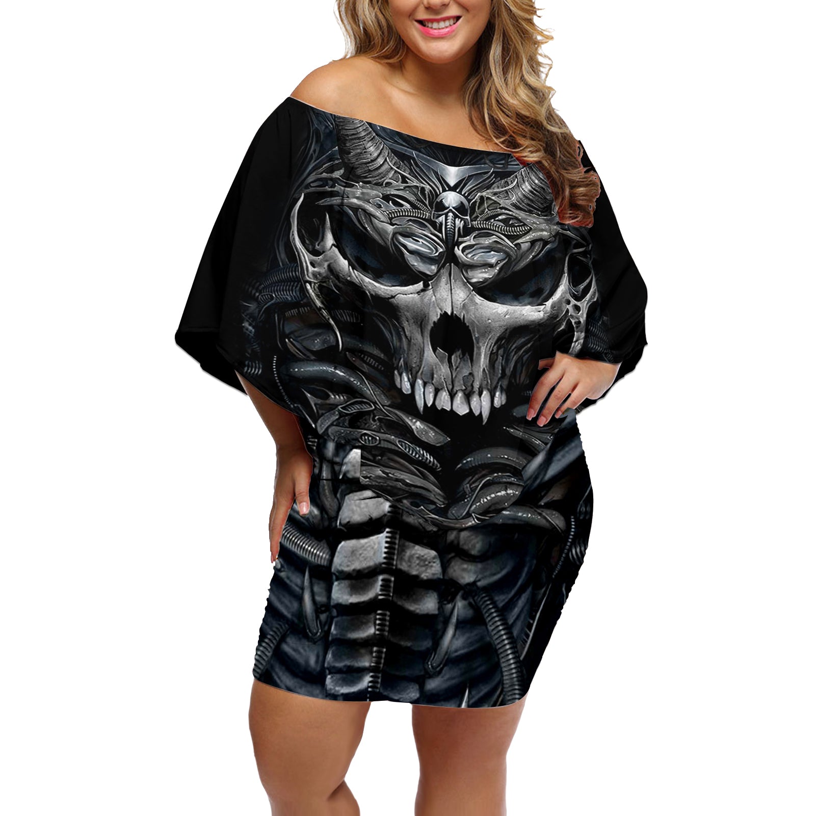 Skull Off Shoulder Short Dress Skeleton Inside - Wonder Print Shop