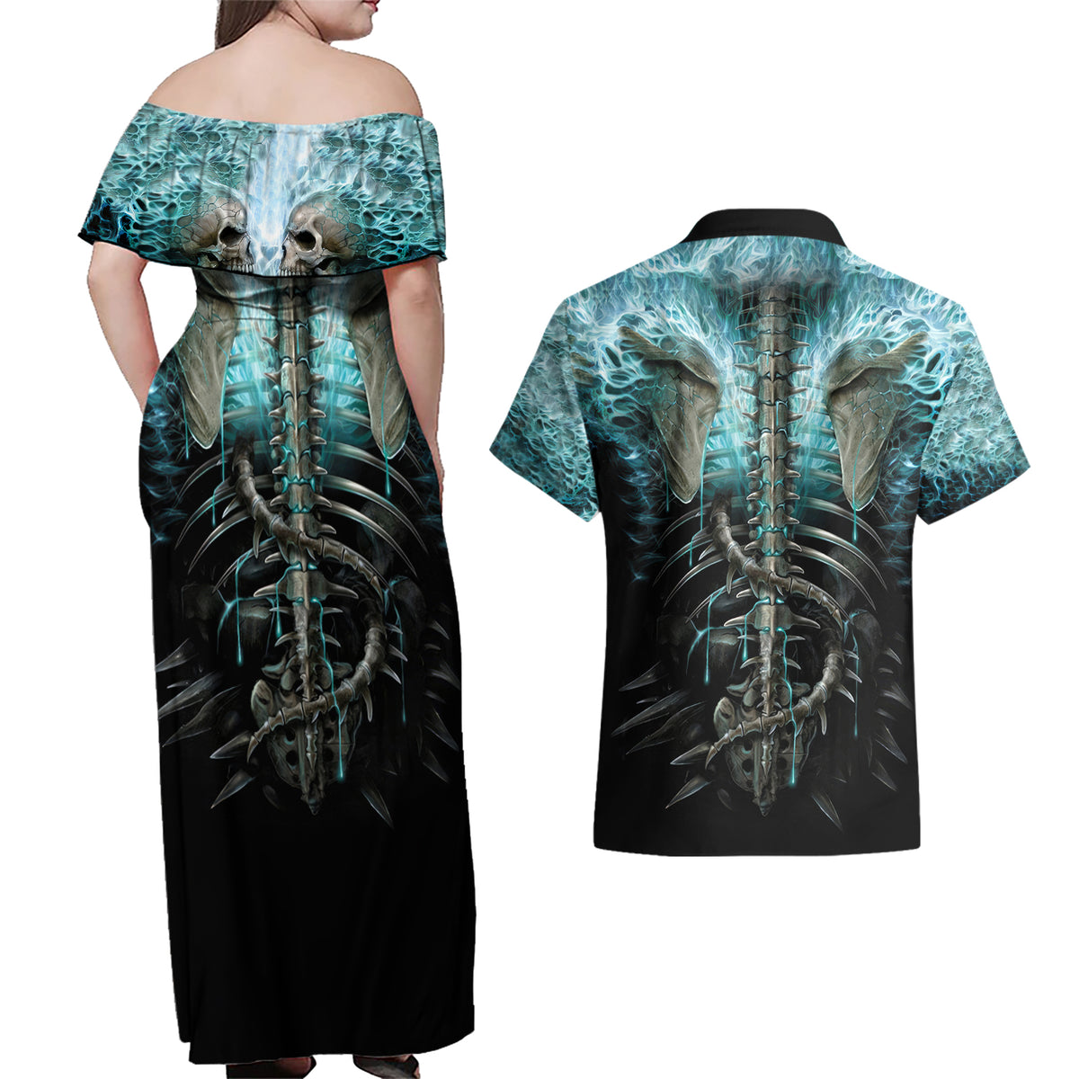 Flame Twin Skull Couples Matching Off Shoulder Maxi Dress and Hawaiian Shirt Skeleton Inside - Wonder Print Shop
