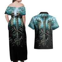 Flame Twin Skull Couples Matching Off Shoulder Maxi Dress and Hawaiian Shirt Skeleton Inside - Wonder Print Shop