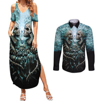 Flame Twin Skull Couples Matching Summer Maxi Dress and Long Sleeve Button Shirts Skeleton Inside - Wonder Print Shop