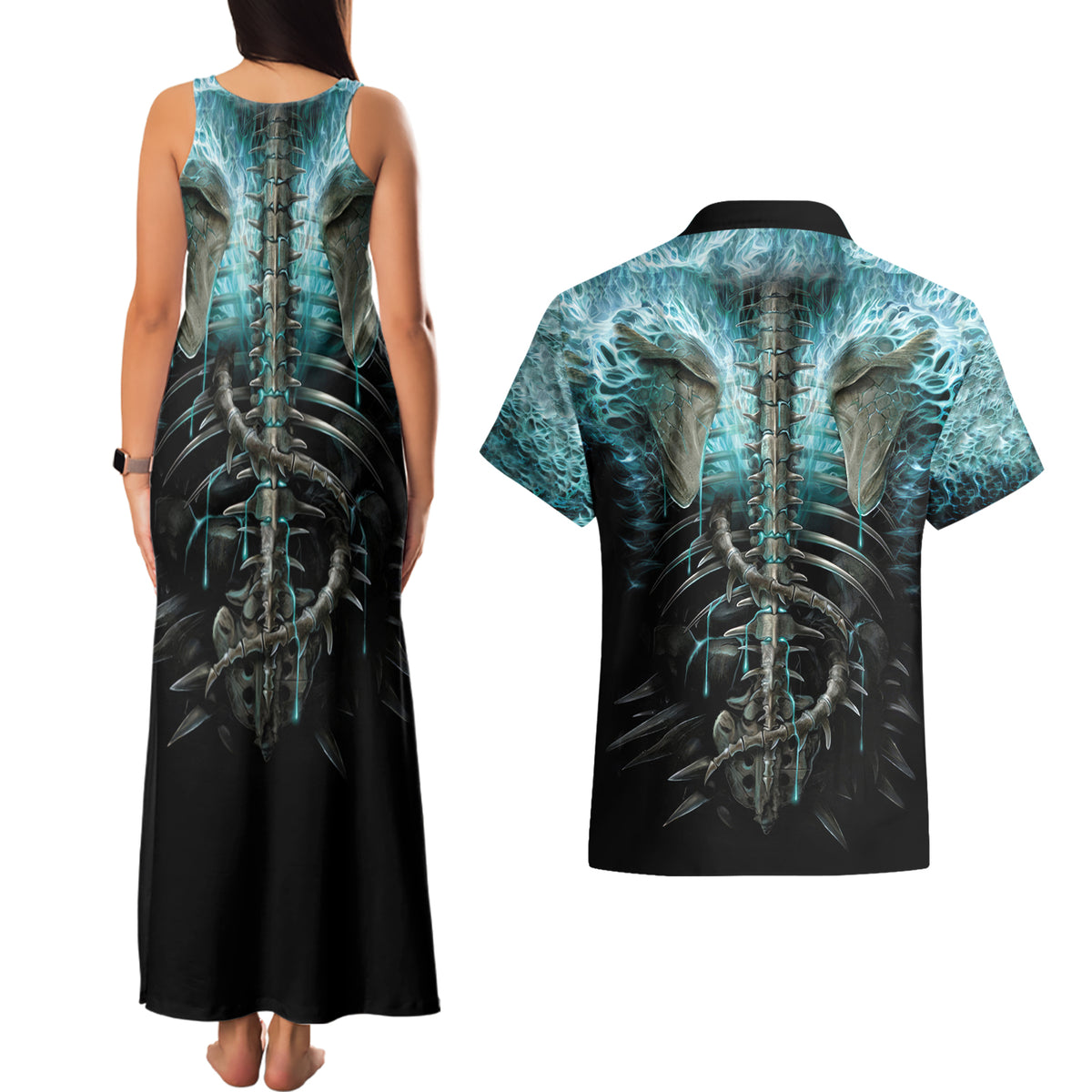 Flame Twin Skull Couples Matching Tank Maxi Dress And Hawaiian Shirt Skeleton Inside - Wonder Print Shop