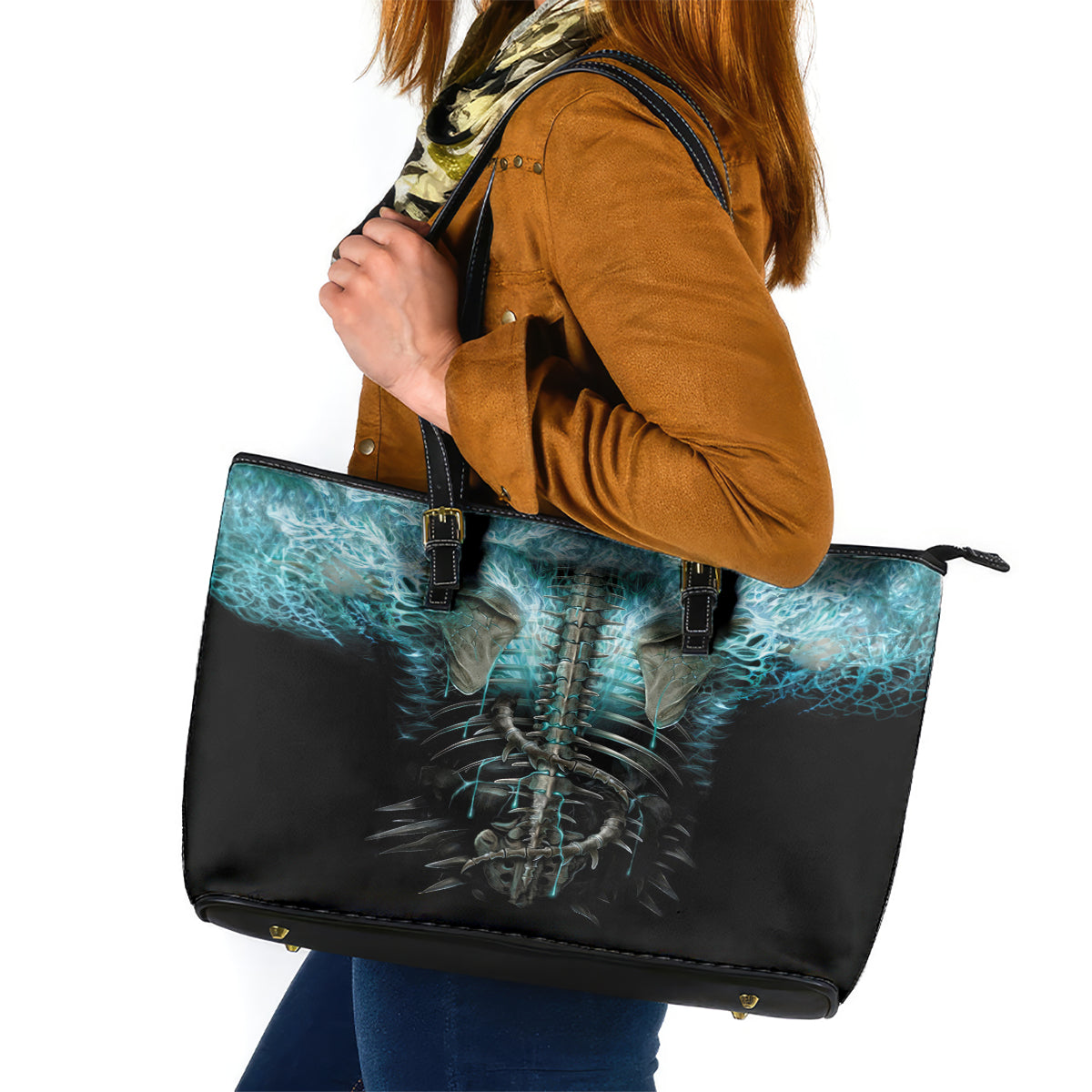 Flame Twin Skull Leather Tote Bag Skeleton Inside - Wonder Print Shop