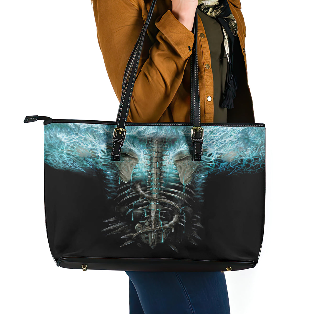Flame Twin Skull Leather Tote Bag Skeleton Inside - Wonder Print Shop