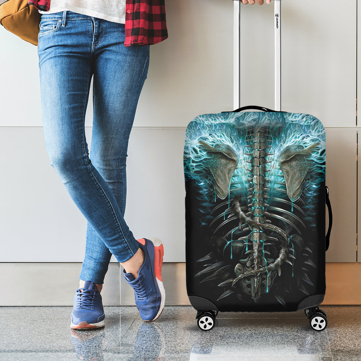Flame Twin Skull Luggage Cover Skeleton Inside - Wonder Print Shop
