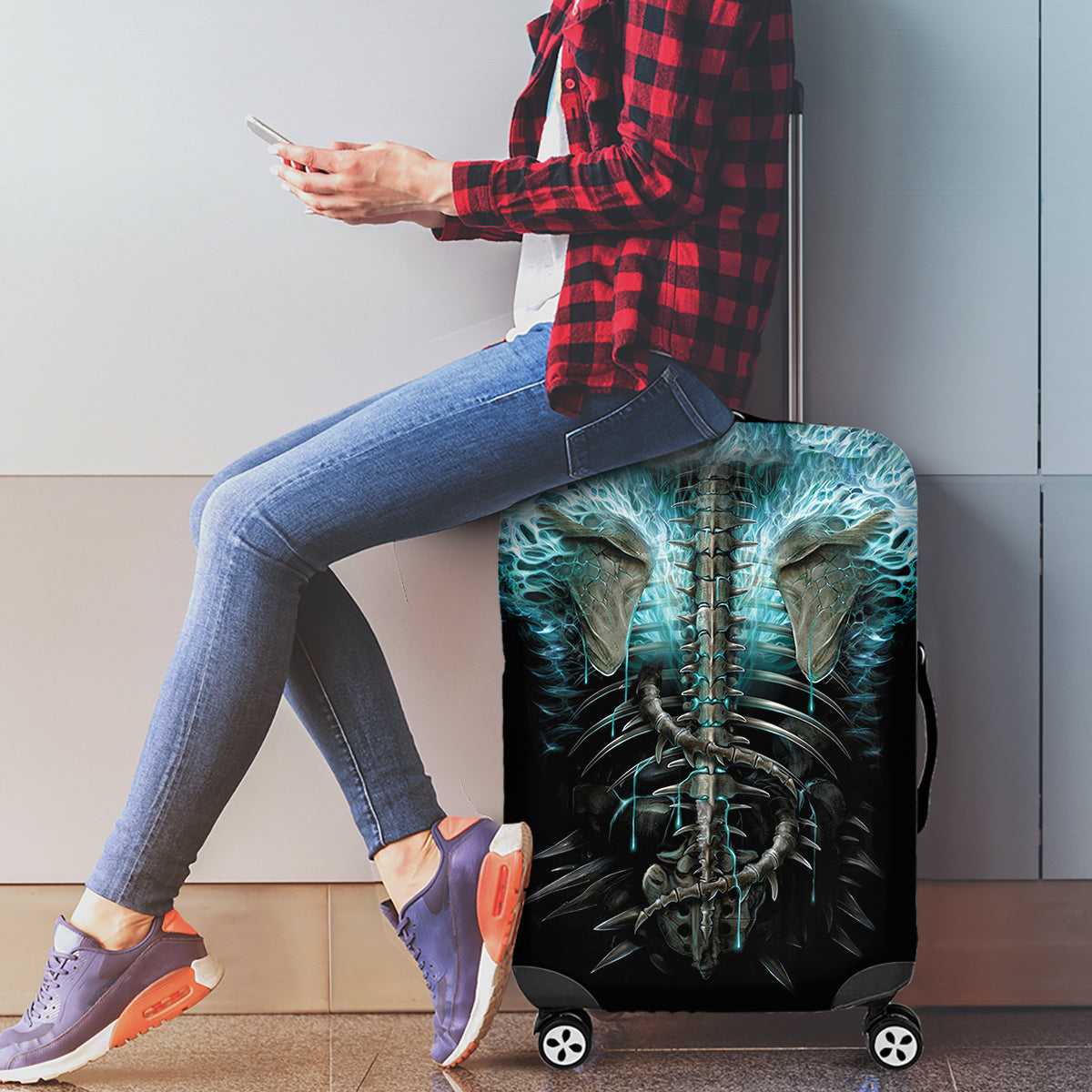 Flame Twin Skull Luggage Cover Skeleton Inside - Wonder Print Shop