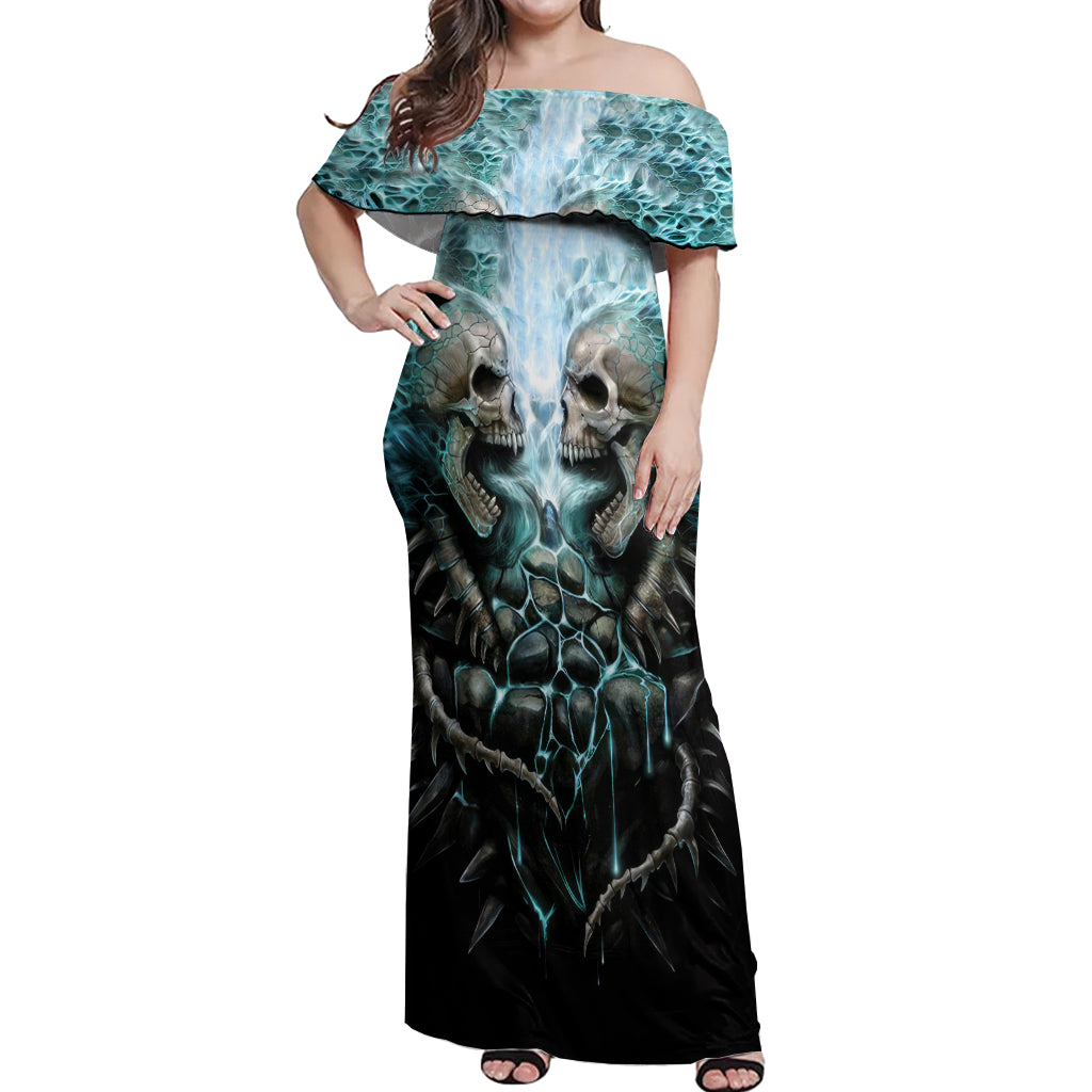 Flame Twin Skull Off Shoulder Maxi Dress Skeleton Inside - Wonder Print Shop