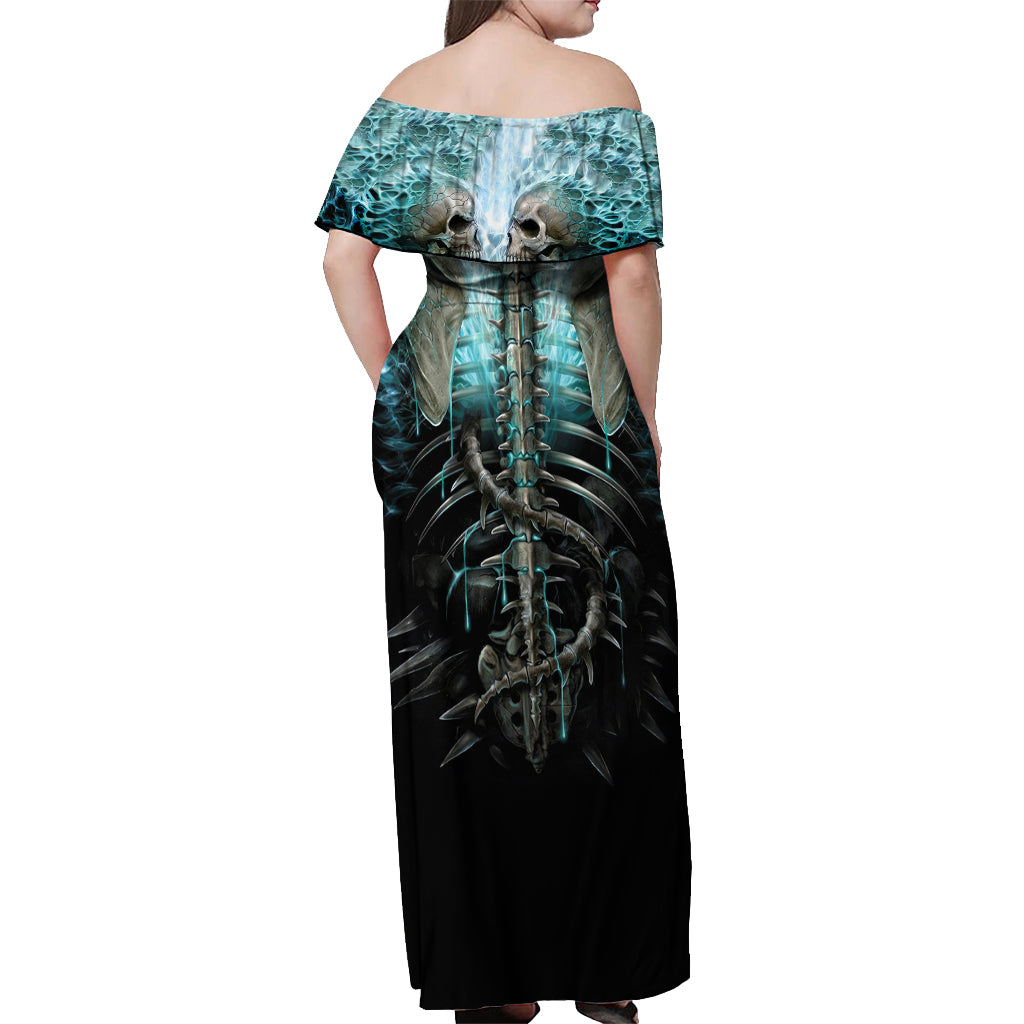 Flame Twin Skull Off Shoulder Maxi Dress Skeleton Inside - Wonder Print Shop