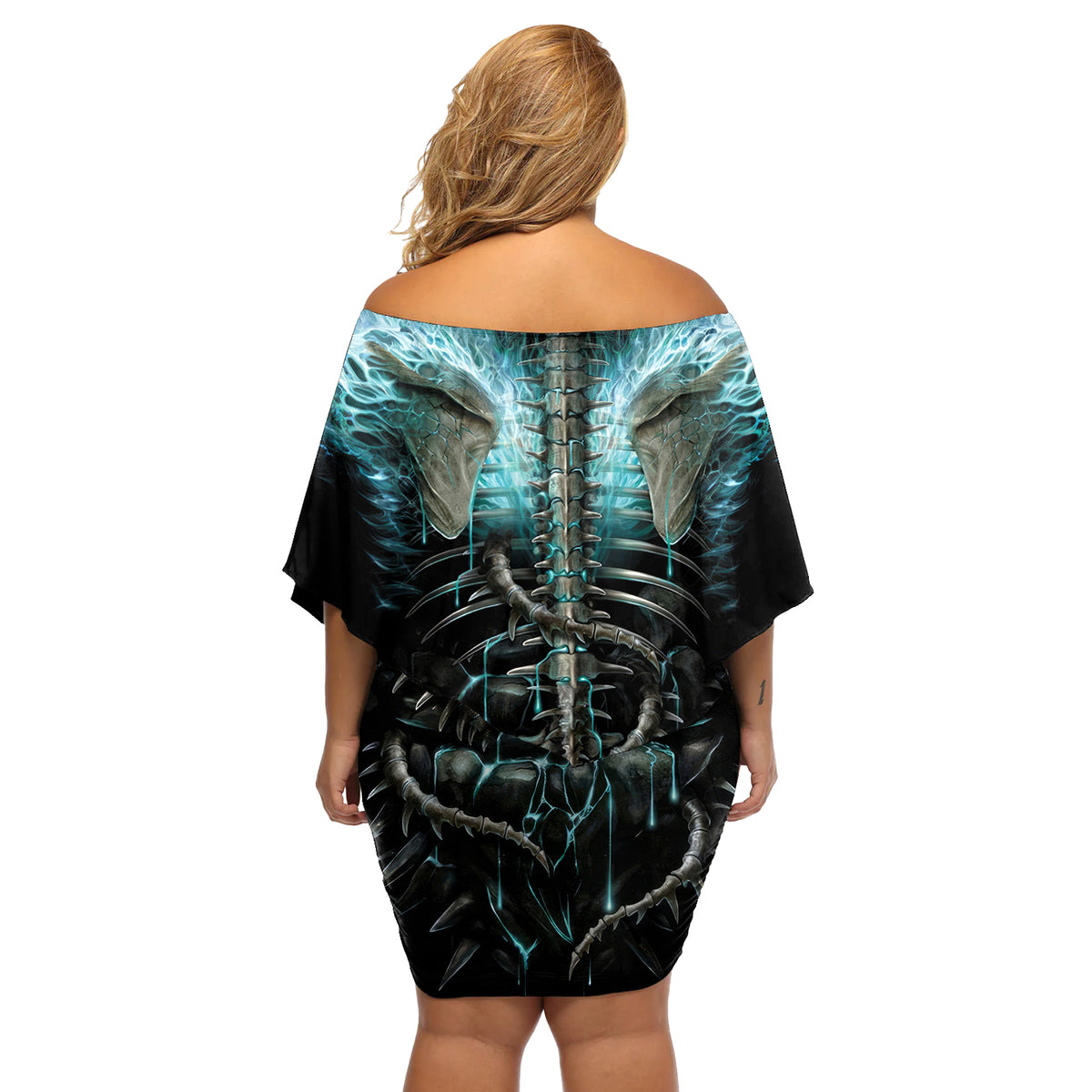 Flame Twin Skull Off Shoulder Short Dress Skeleton Inside - Wonder Print Shop