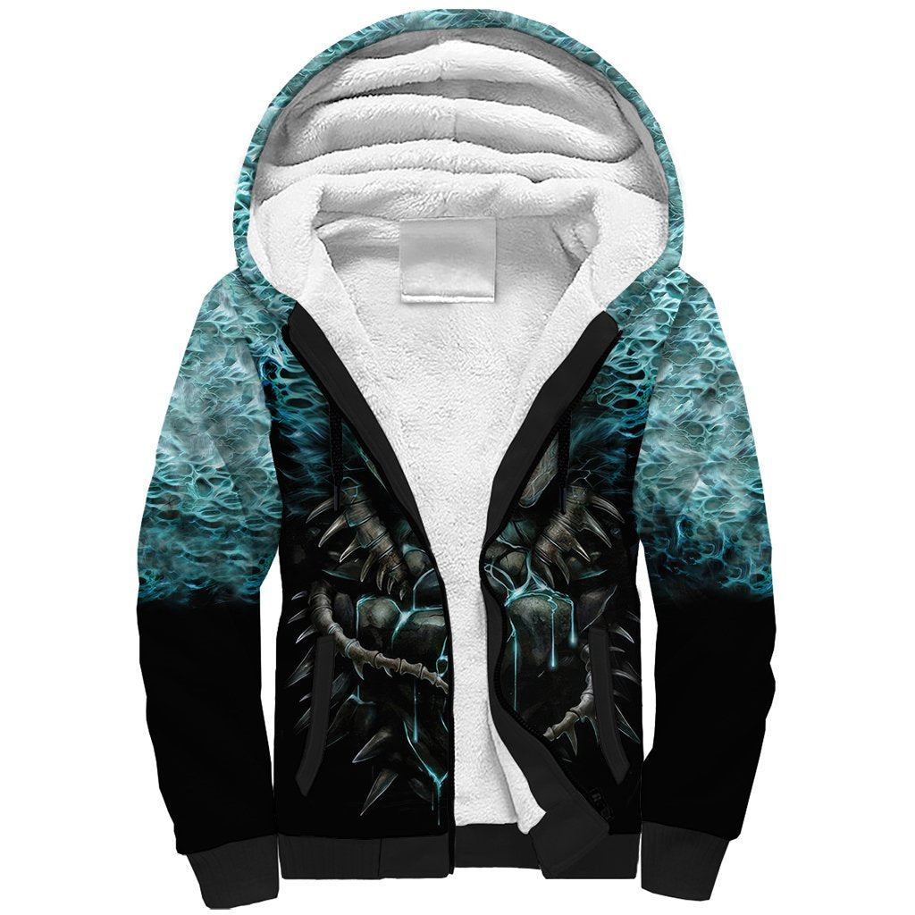 Flame Twin Skull Sherpa Hoodie Skeleton Inside - Wonder Print Shop