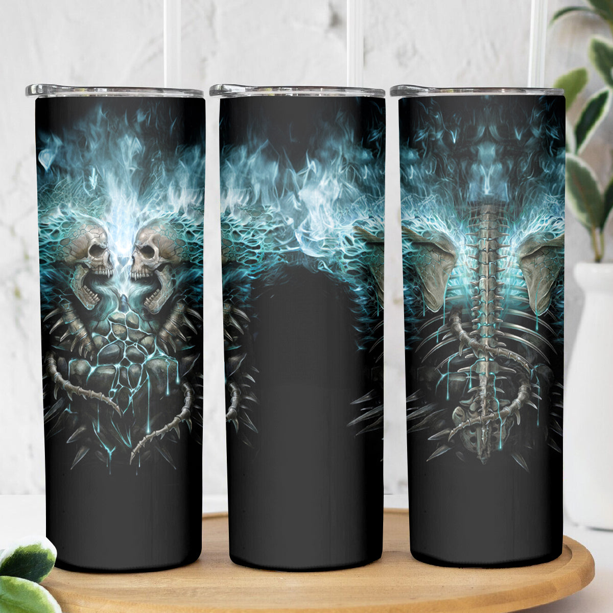 Flame Twin Skull Skinny Tumbler Skeleton Inside - Wonder Print Shop