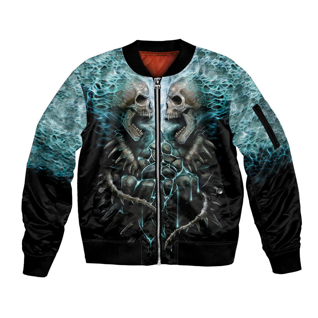 Flame Twin Skull Sleeve Zip Bomber Jacket Skeleton Inside - Wonder Print Shop
