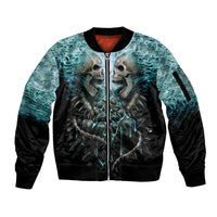 Flame Twin Skull Sleeve Zip Bomber Jacket Skeleton Inside - Wonder Print Shop
