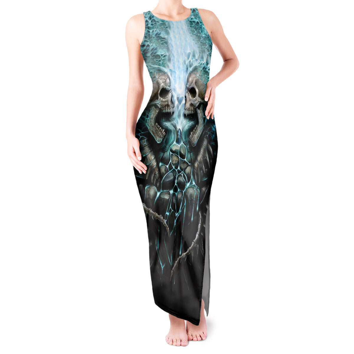 Flame Twin Skull Tank Maxi Dress Skeleton Inside - Wonder Print Shop