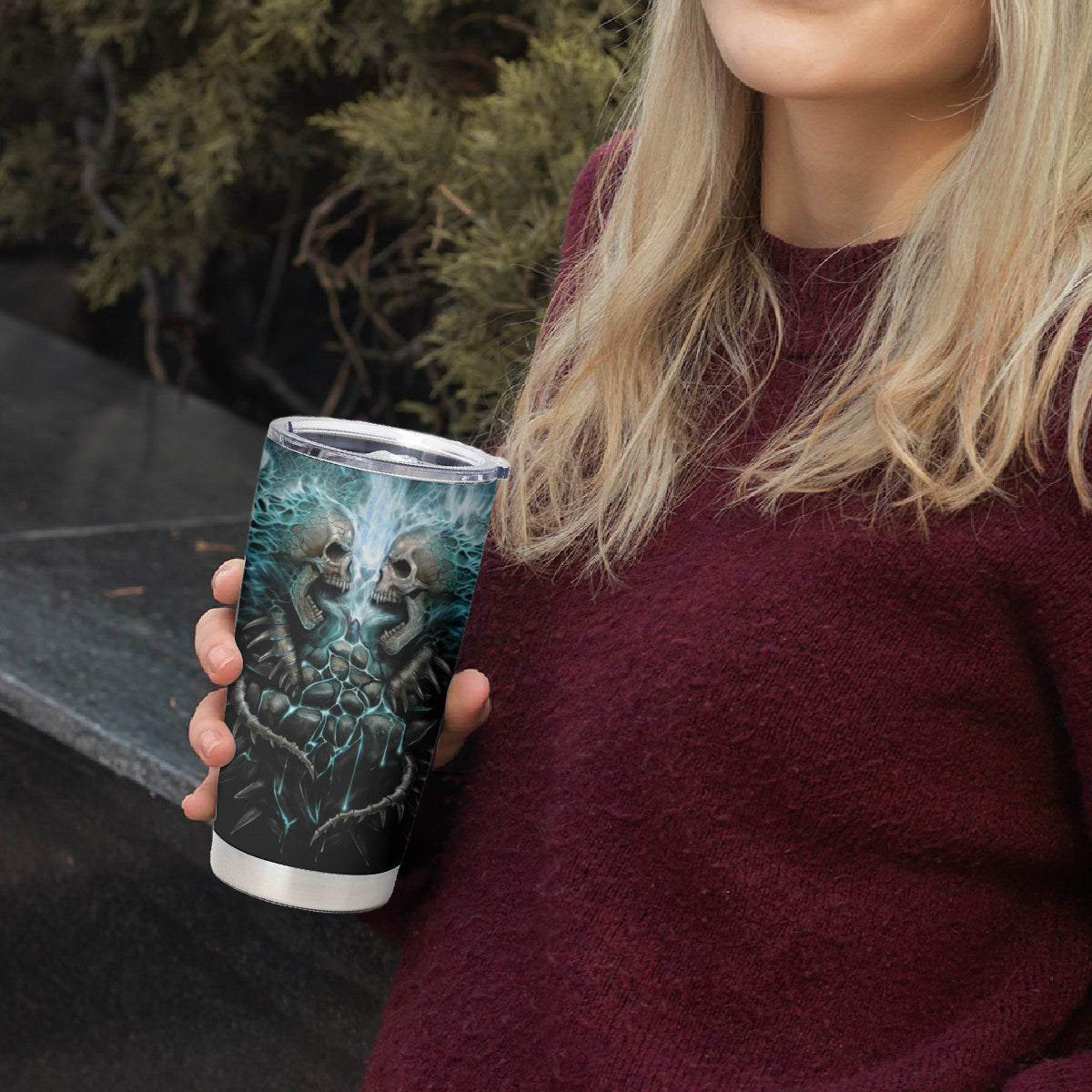 Flame Twin Skull Tumbler Cup Skeleton Inside - Wonder Print Shop