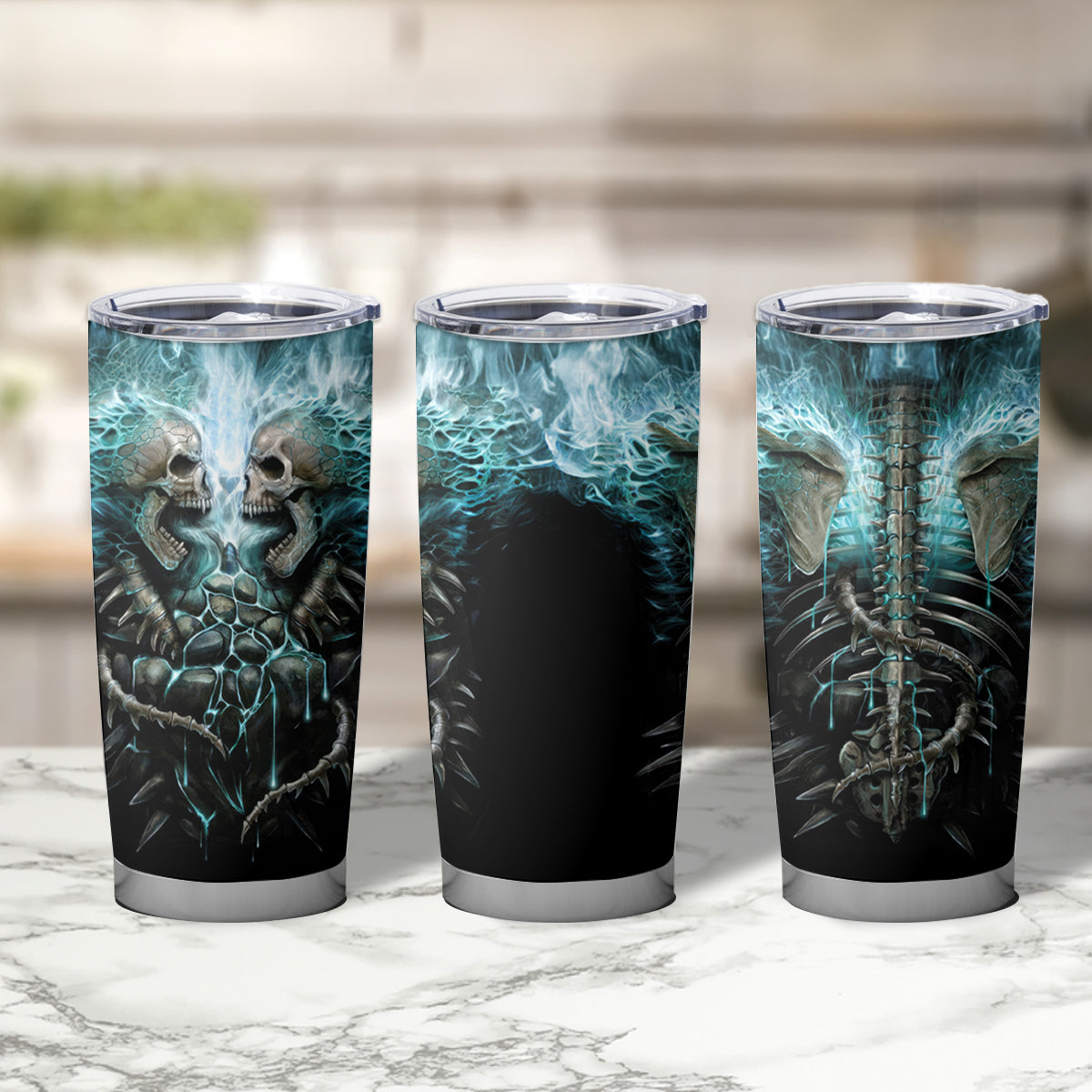 Flame Twin Skull Tumbler Cup Skeleton Inside - Wonder Print Shop