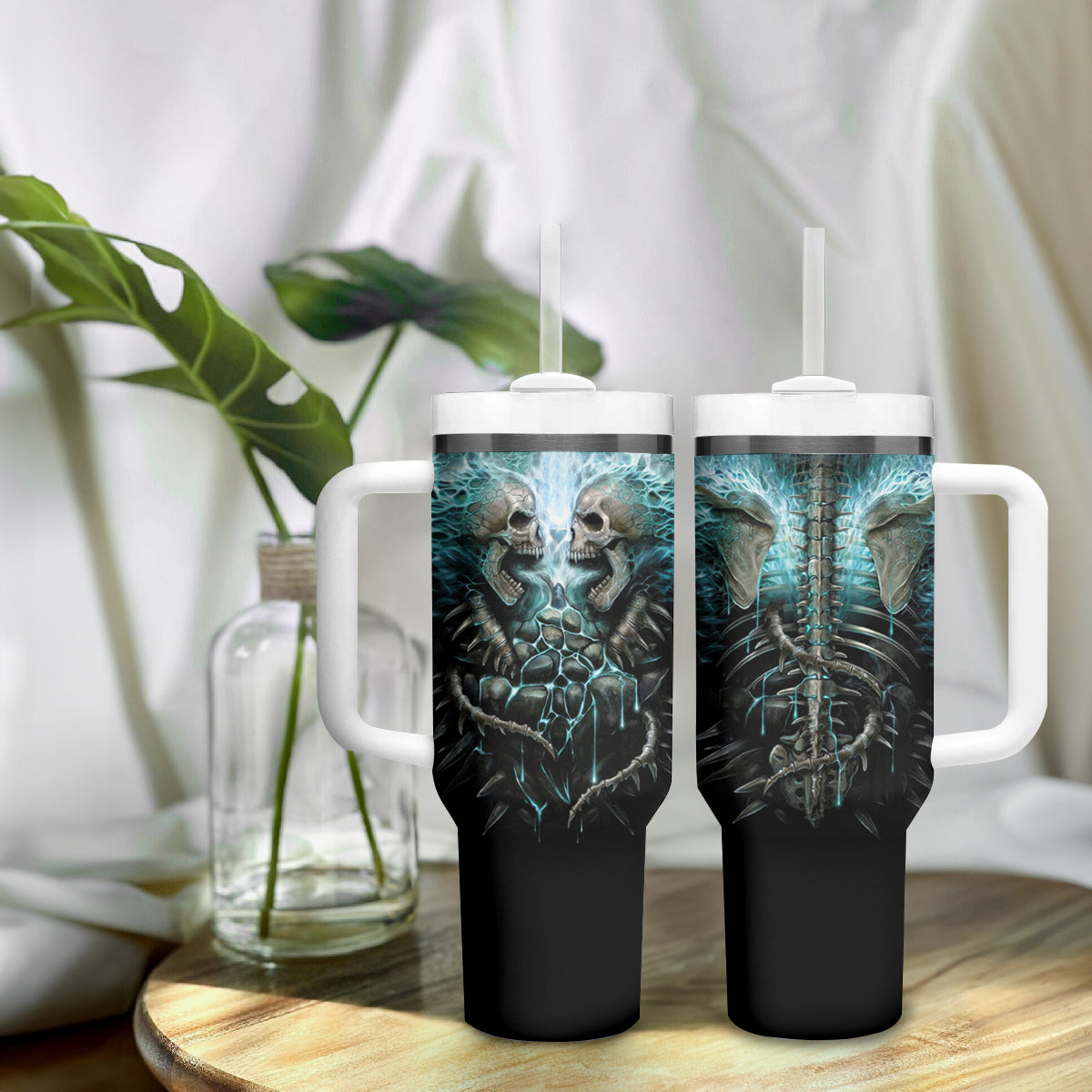 Flame Twin Skull Tumbler With Handle Skeleton Inside - Wonder Print Shop