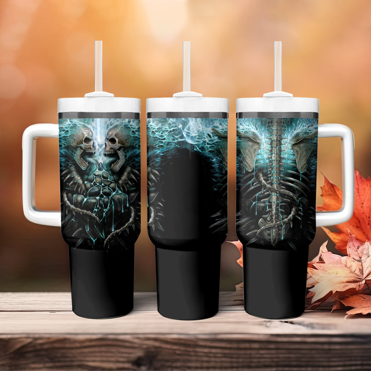 Flame Twin Skull Tumbler With Handle Skeleton Inside - Wonder Print Shop