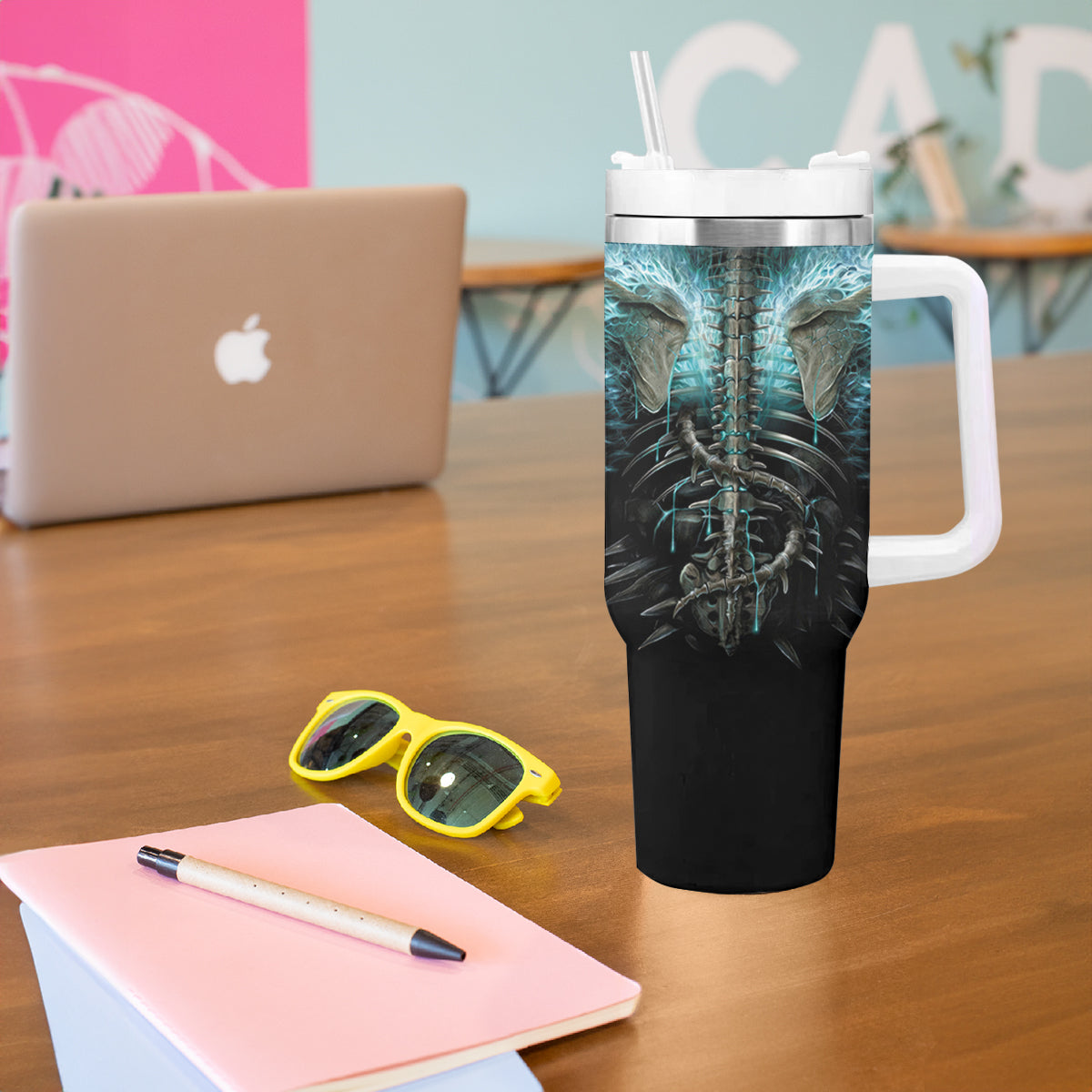 Flame Twin Skull Tumbler With Handle Skeleton Inside - Wonder Print Shop