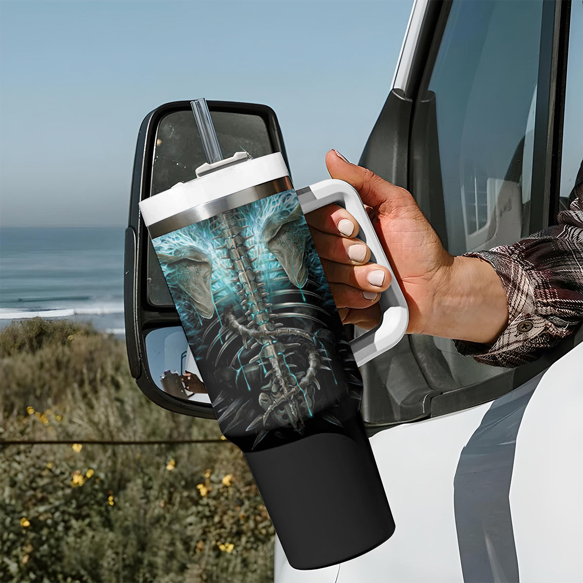 Flame Twin Skull Tumbler With Handle Skeleton Inside - Wonder Print Shop