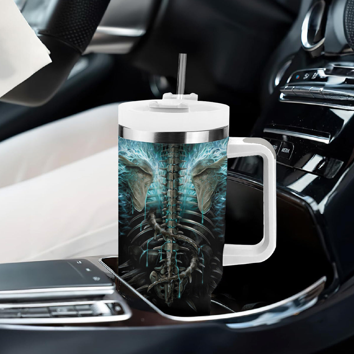 Flame Twin Skull Tumbler With Handle Skeleton Inside - Wonder Print Shop