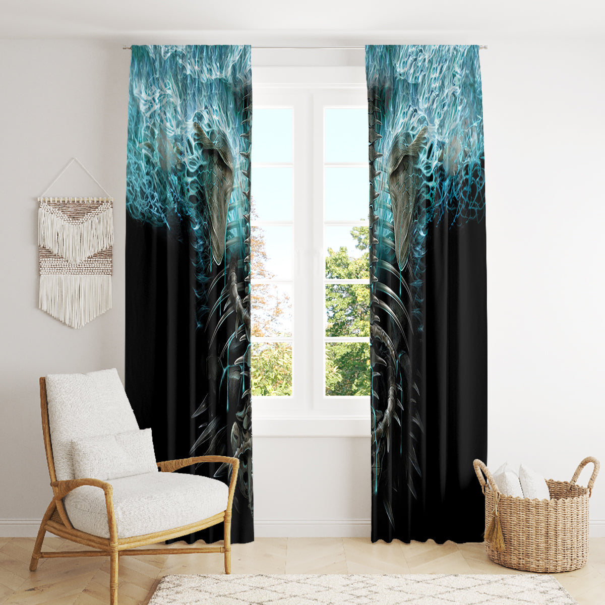 Flame Twin Skull Window Curtain Skeleton Inside - Wonder Print Shop