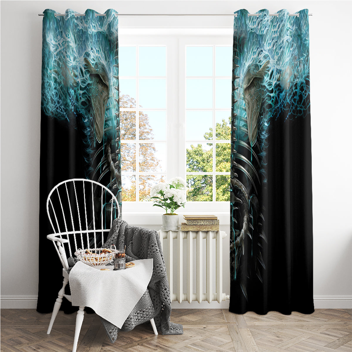 Flame Twin Skull Window Curtain Skeleton Inside - Wonder Print Shop