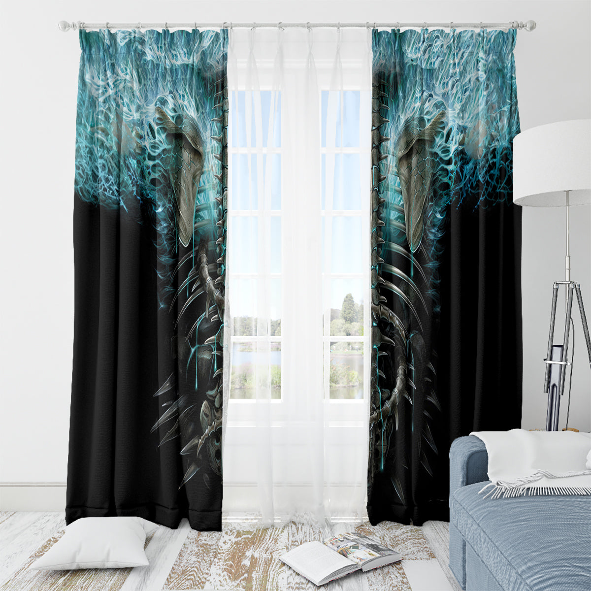 Flame Twin Skull Window Curtain Skeleton Inside - Wonder Print Shop