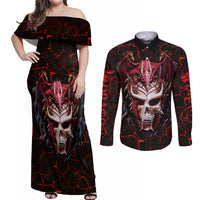 Infernal Draconic Skull Couples Matching Off Shoulder Maxi Dress and Long Sleeve Button Shirts Embracing the Fiery Soul - Wonder Print Shop