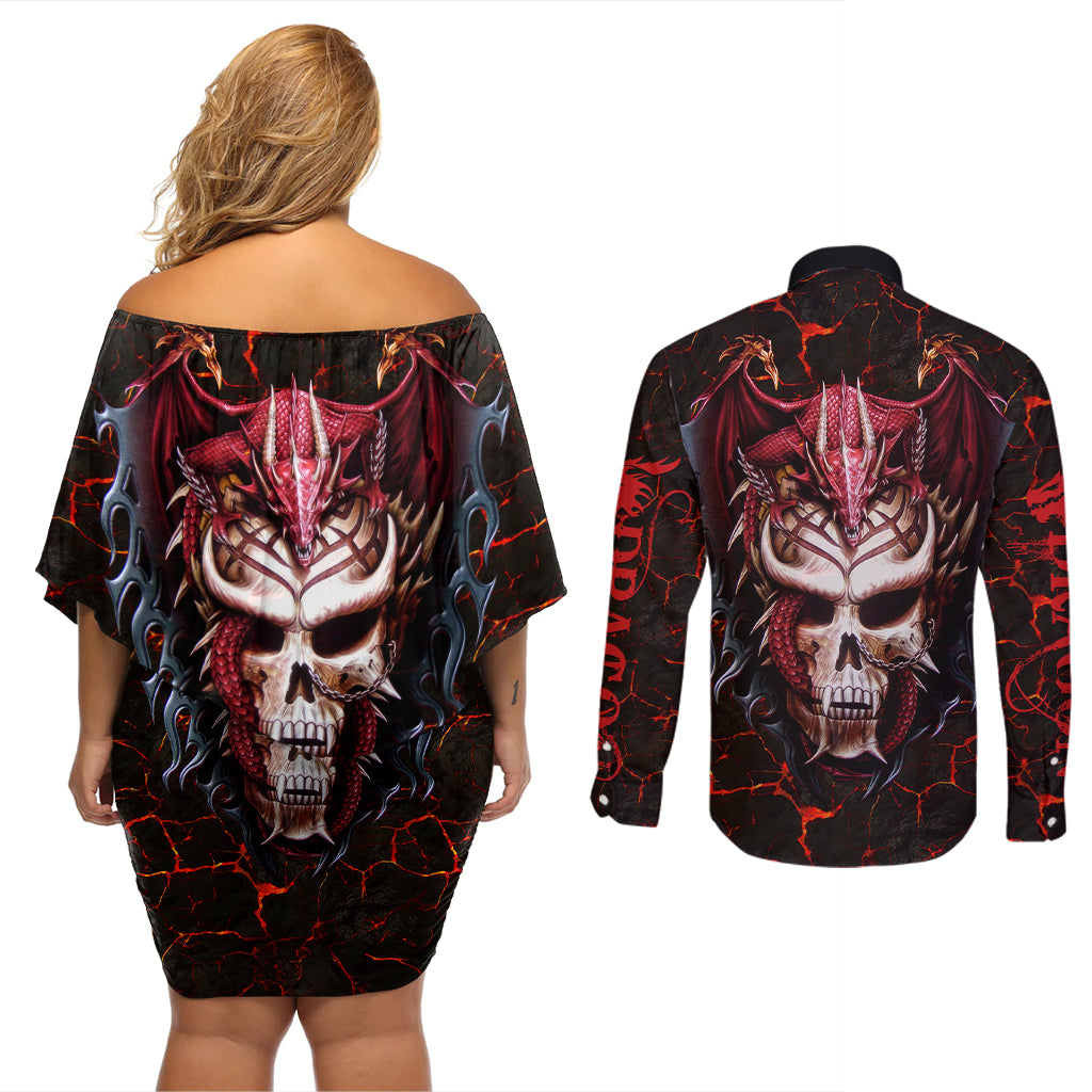 Infernal Draconic Skull Couples Matching Off Shoulder Short Dress and Long Sleeve Button Shirts Embracing the Fiery Soul - Wonder Print Shop