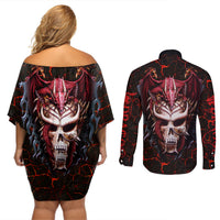 Infernal Draconic Skull Couples Matching Off Shoulder Short Dress and Long Sleeve Button Shirts Embracing the Fiery Soul - Wonder Print Shop
